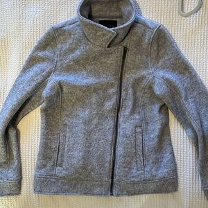 Tahari cardigan sweater jacket. Light gray color and moto-inspired design.